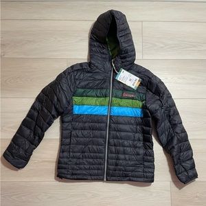Brand new Cotopaxi Puffer fuego Jacket black blue green stripes men’s medium